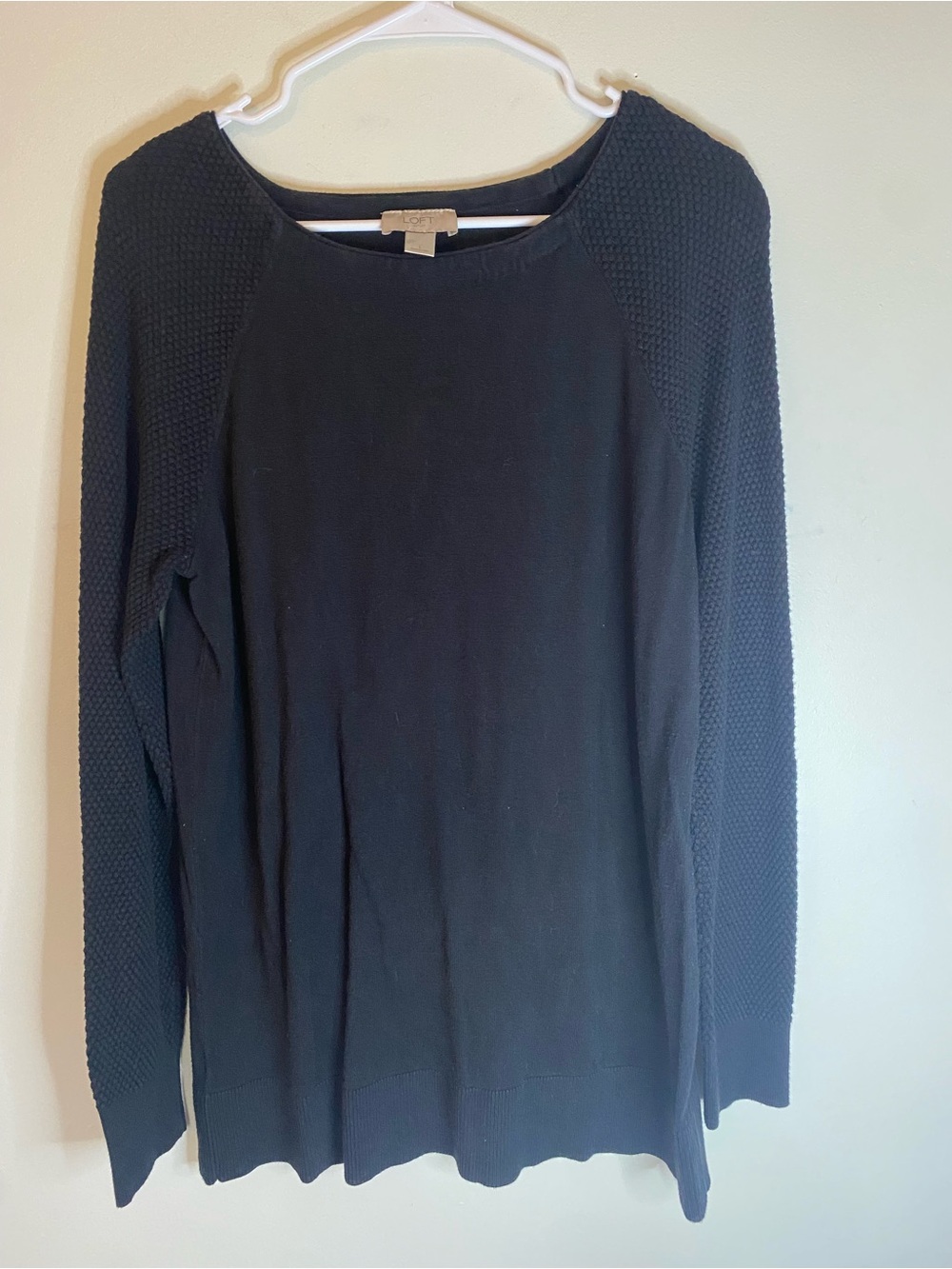 LOFT Black Crewneck Sweater with Textured Sleeve Panels